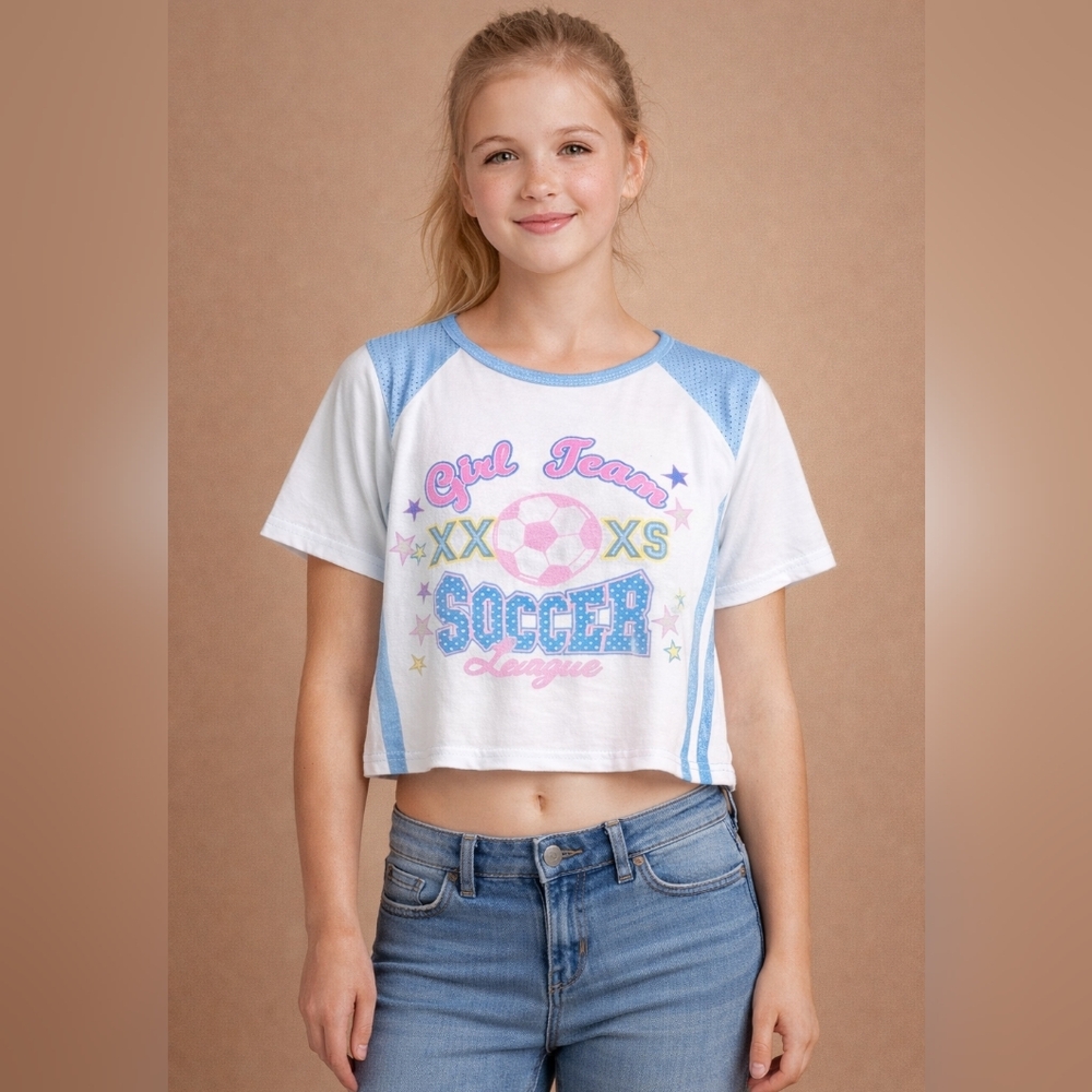 M4) Angel Face Girls Soccer Graphic Top Size 14/16 Blue White Short Sleeve Tee